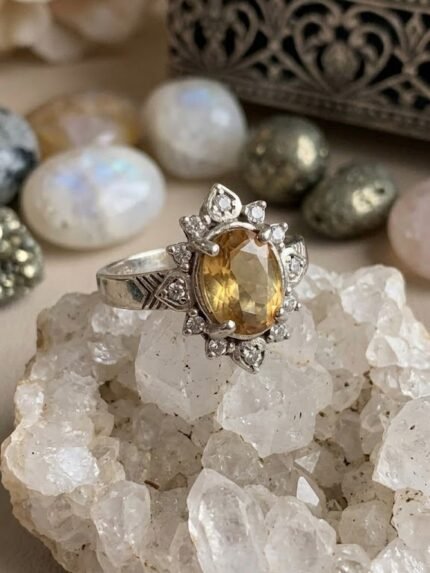 Vintage Victorian Sunburst Natural Citrine Halo Ring
