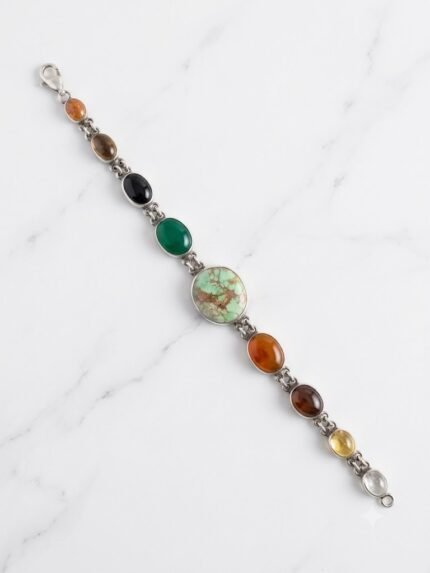 Multi-Gemstone Navratna-Style Spiritual Silver Bracelet