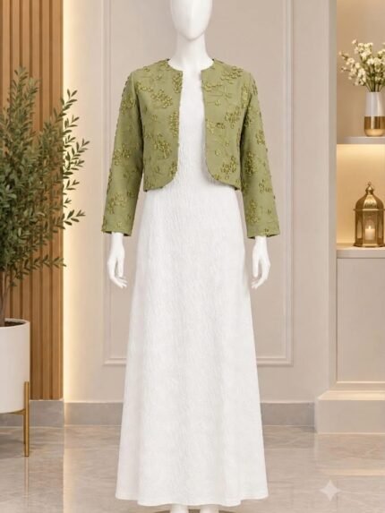 The Sage Blossom Embroidered Cropped Jacket & Ivory Monto Set