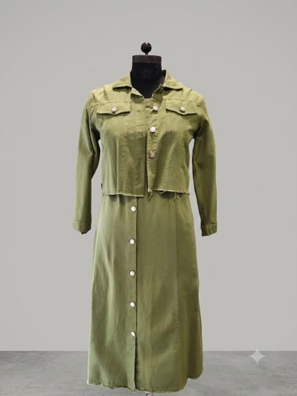 Two-Piece Utility Crop Jacket & Button-Down Maxi Monto Set – Olive Green