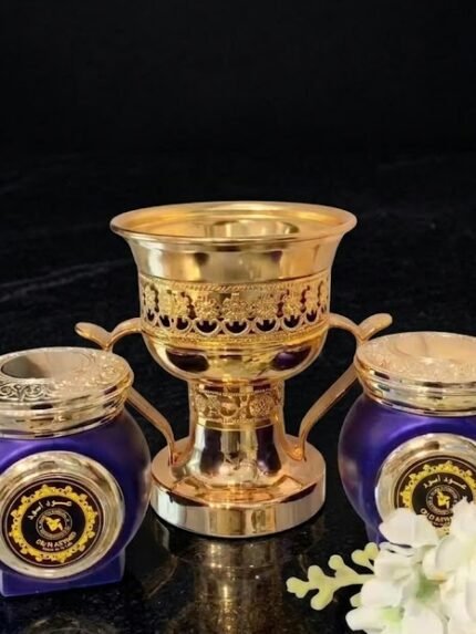 Royal Gold Pedestal Mabkhara Gift Set with Oud Aswad Incense Jars