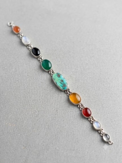 Elongated Matrix Turquoise & Sacred Multi-Gemstone Silver Bracelet