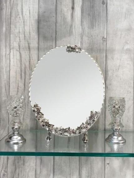 Royal Silver Sofreh Aghd Oval Tabletop Mirror & Crystal Candle Holder Set
