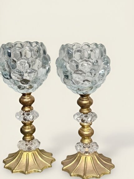Royal Vintage Glass & Gold Metal Pillar Candle Holder Set
