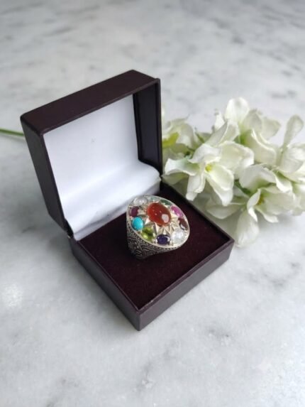 Grand Imperial Navratna Sunburst Shield Ring