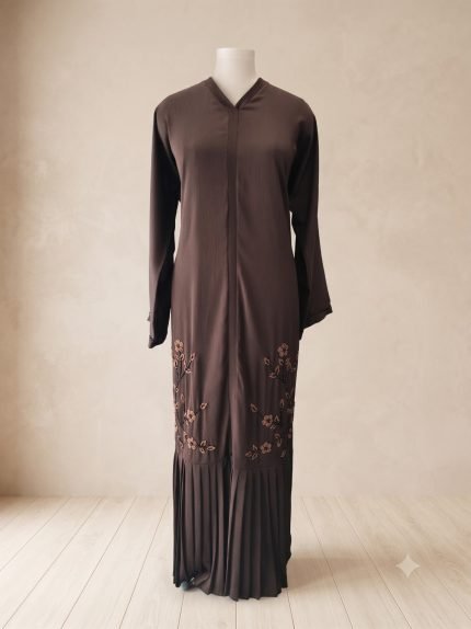 Embroidered Pleated Hem Chocolate Brown Abaya