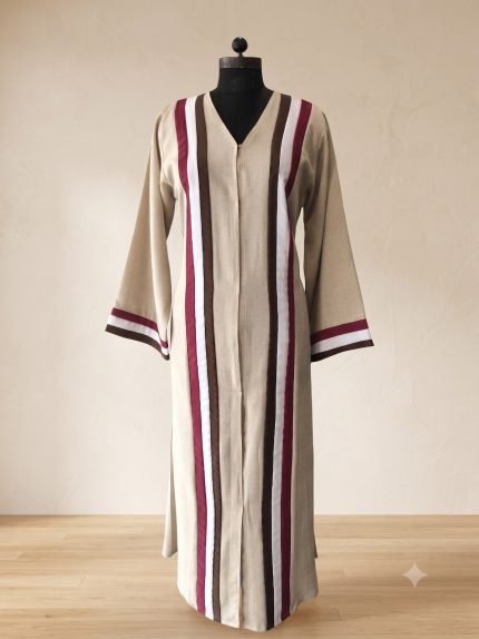 Beige Linen Multi-Stripe Modest Kaftan Abaya