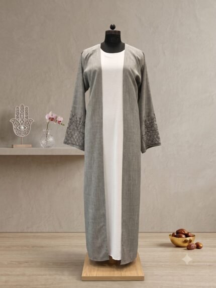 Nadirah Grey Linen & Pearl Modest Abaya Set