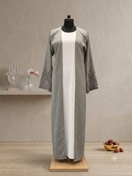Nadirah Grey Linen & Pearl Modest Abaya Set
