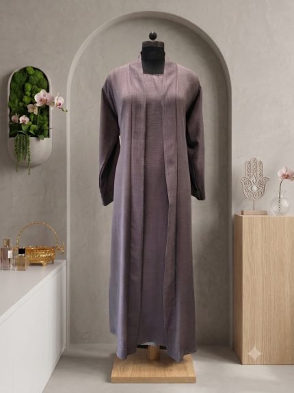 Dusty Mauve Textured Layered Open-Front Abaya Set