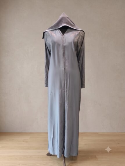 Luminous Silver-Grey Embellished Abaya with Attached Pointed Cape