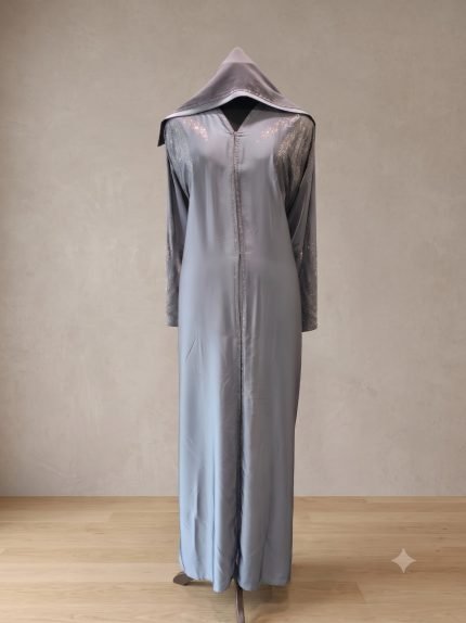 Luminous Silver-Grey Embellished Abaya with Attached Pointed Cape