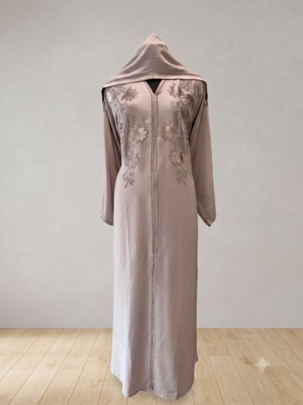 Champagne Taupe Floral Embellished Abaya with Attached Pointed Cape