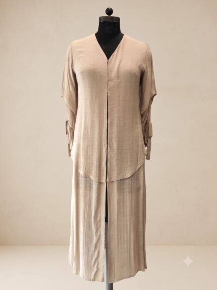 Sand Beige Textured Dual-Layered Co-ord Abaya Set