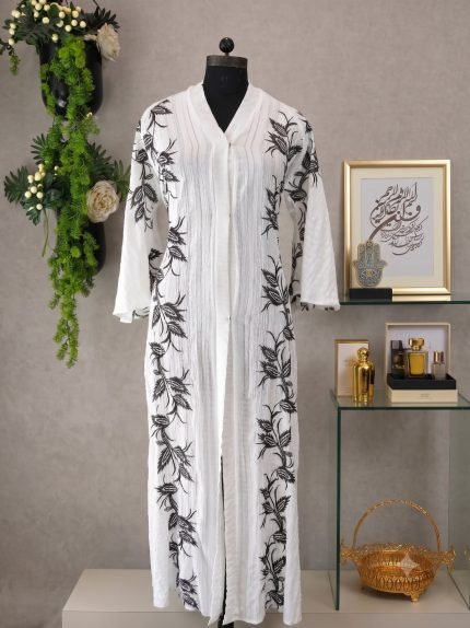 Monochrome Botanical Embroidered Open-Front Linen Abaya