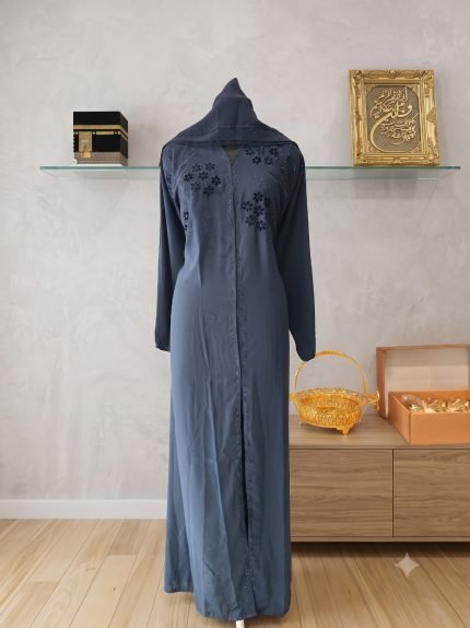Slate Blue Floral Beaded Abaya with Attached Pointed Cape