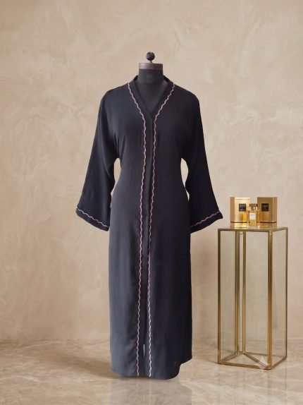Classic Black Textured Abaya with Scalloped Metallic Trim