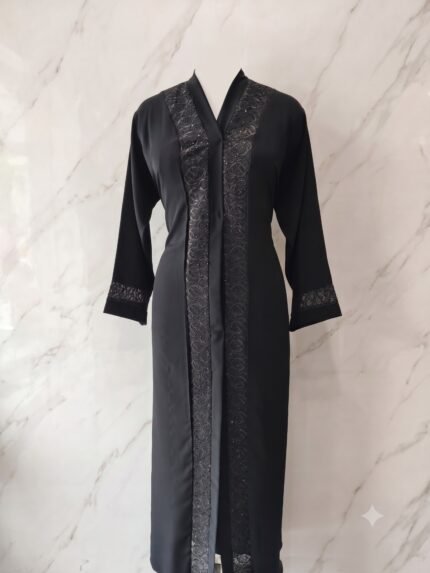 Midnight Noir Embroidered Lace Trim Front-Open Abaya