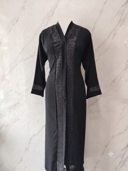 Midnight Noir Embroidered Lace Trim Front-Open Abaya
