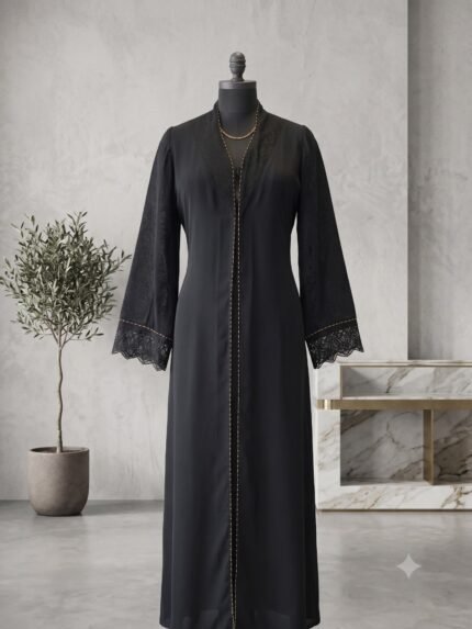 Noir Elegance Brocade & Lace Open Front Abaya