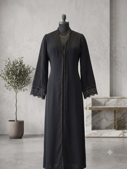 Noir Elegance Brocade & Lace Open Front Abaya