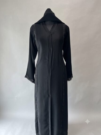 Midnight Crystal Trim Front-Open Hooded Abaya