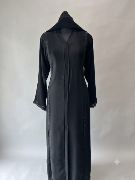 Midnight Crystal Trim Front-Open Hooded Abaya