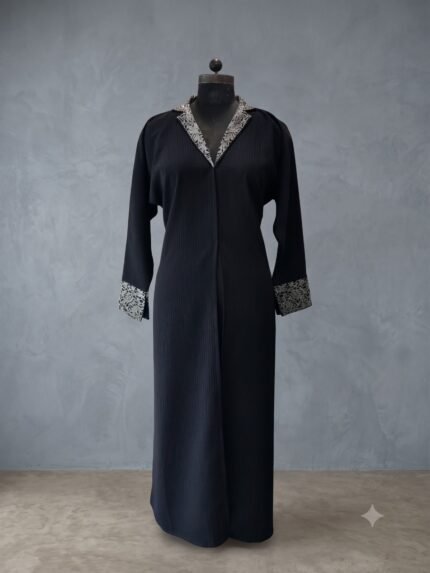 Luxe Silver Floral Brocade Lapel Front-Open Abaya