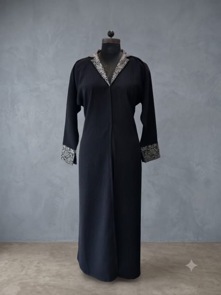 Luxe Silver Floral Brocade Lapel Front-Open Abaya