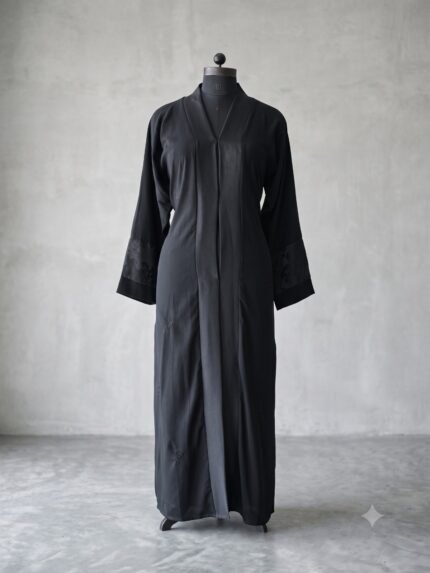 Noir Shimmer Lapel & Jacquard Cuff Front-Open Abaya