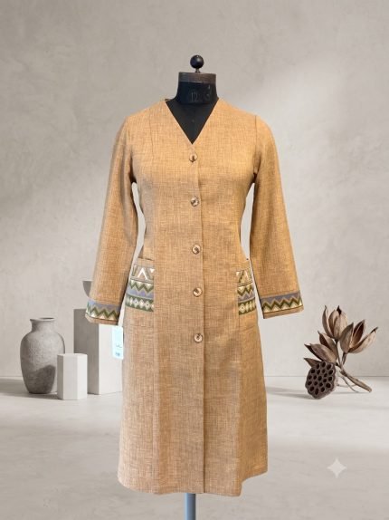 Tribal Chevron Trim V-Neck Button-Down Monto Coat – Camel Sand