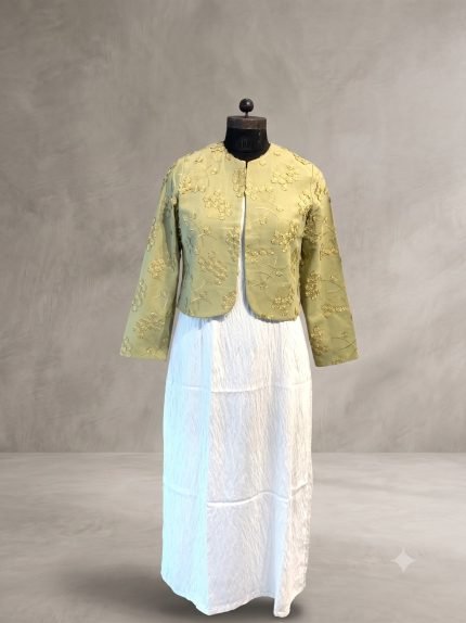 Pistachio Floral Embroidered Bolero Jacket & Textured Inner Slip Dress Set