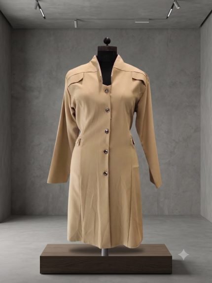 Architectural Stand-Collar Tailored Coat Dress – Desert Beige