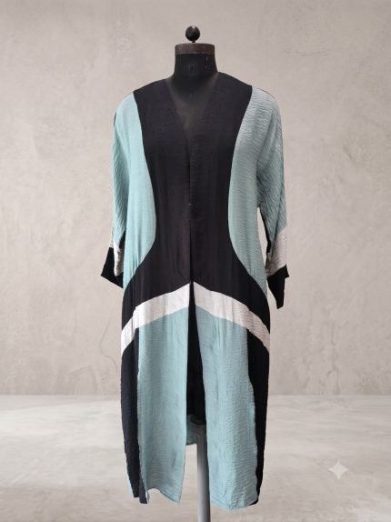 Abstract Geometric Crinkle Kimono Duster – Mint & Obsidian