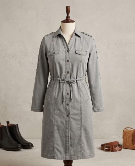 Utility Drawstring Washed Denim Monto Shirt Dress