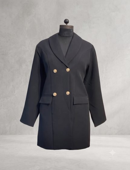 Luxe Gold-Button Double-Breasted Monto Coat – Classic Noir