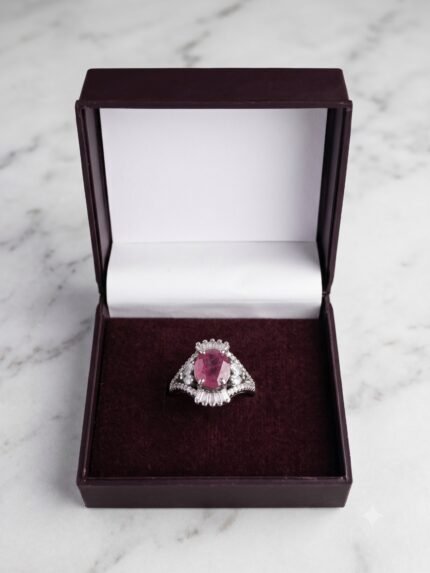 Art Deco Baguette Halo Natural Ruby Ring in Sterling Silver