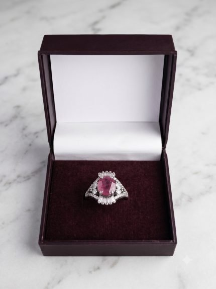 Art Deco Baguette Halo Natural Ruby Ring in Sterling Silver