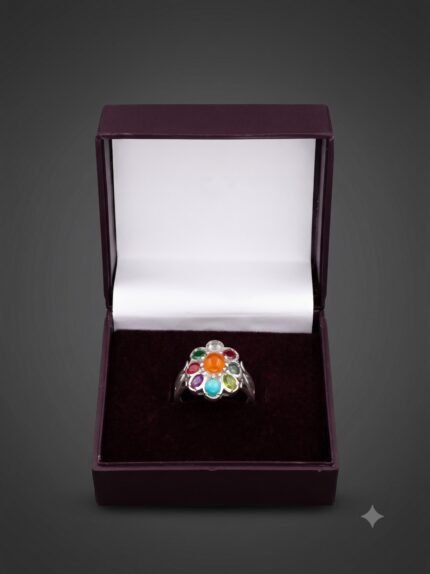 Universal Protection Navaratna-Inspired 925 Sterling Silver Ring with Multi-Gemstone Cluster