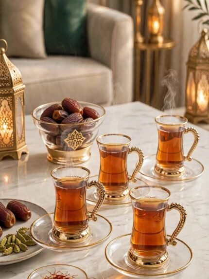 Royal Turkish Glass Tea Set with Gold Filigree Handles & Covered Sugar Bowl