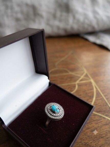 Double Pavé Halo Natural Turquoise Oval Statement Ring