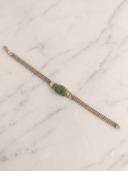 Men’s Natural Nishapuri Turquoise (Feroza) Double Curb Chain Silver Bracelet