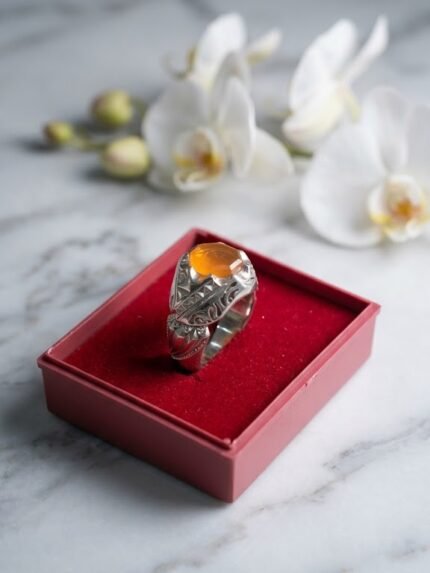 Natural Orange Aqeeq Set in Engraved Sterling Silver