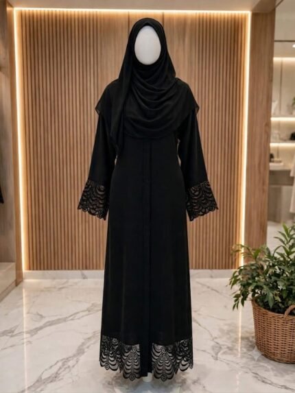 The Noor Fan-Lace Cutwork Midnight Jet Black Abaya