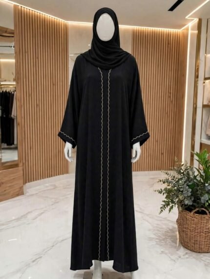 The Noor Wave-Embroidered Midnight Jet Black Abaya