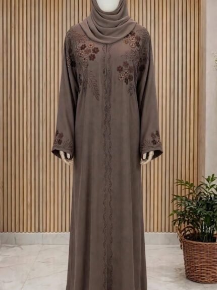 The Noor Floral Appliqué Taupe Mocha Abaya