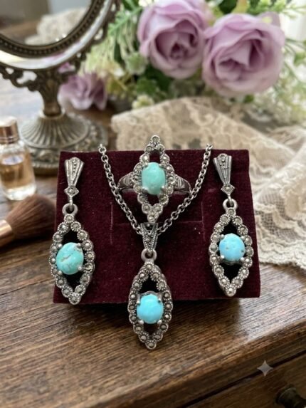 Antique Victorian Natural Firoza (Turquoise) & Marcasite Jewelry Suite
