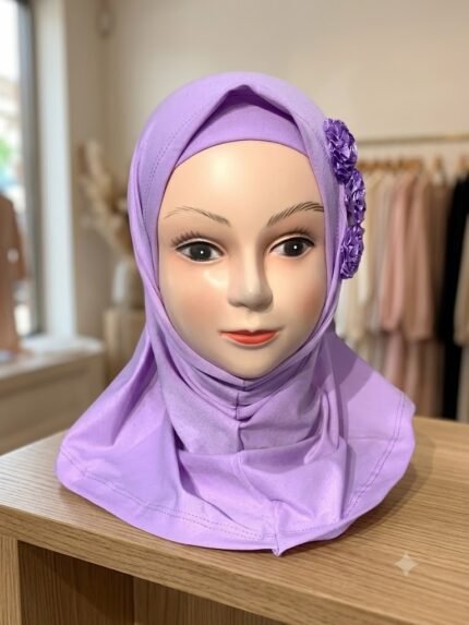 Children’s Instant Purple Hijab with Matching Inner Cap & Rosette Accents