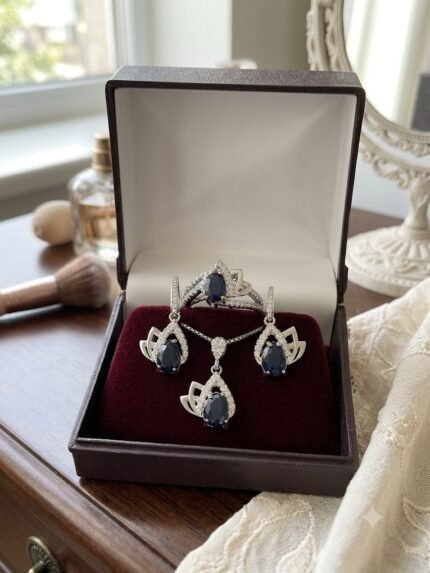 Royal Blue Neelam (Sapphire) Swan Halo Jewelry Suite