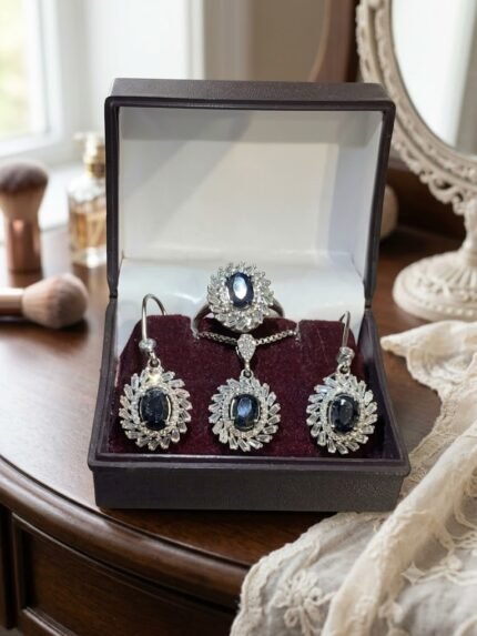 Royal Blue Neelam (Sapphire) Halo Jewelry Suite